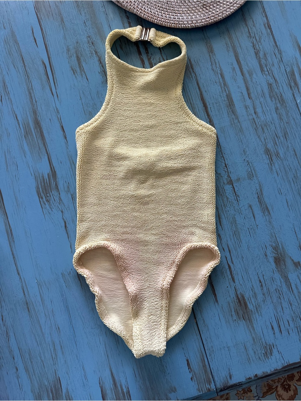 Hunza G Pale Yellow Textured Halter One-Piece Swimsuit
